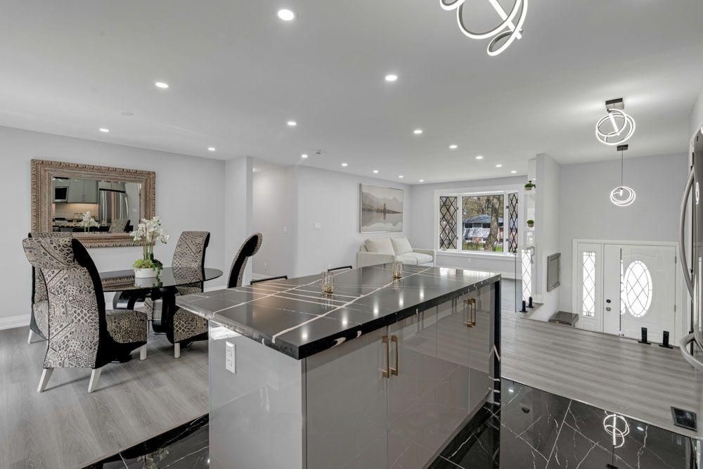 Kitchen island looking toward the dining area and front entry